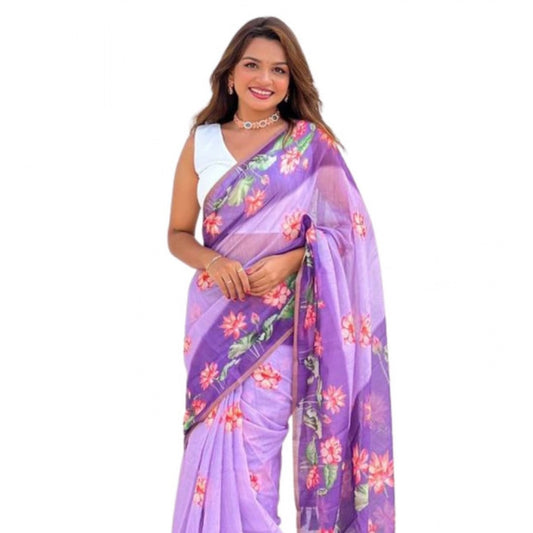 Women's Linen Printed Saree With Unstitched Blouse 5.5Mtr (Purple) - VANSHELLE