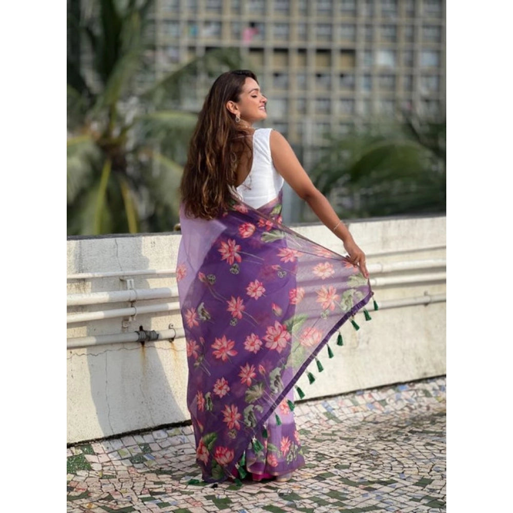 Women's Linen Printed Saree With Unstitched Blouse 5.5Mtr (Purple) - VANSHELLE