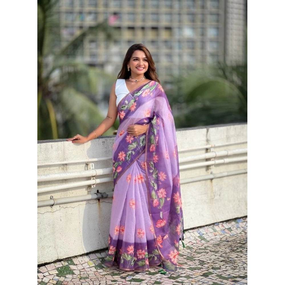 Women's Linen Printed Saree With Unstitched Blouse 5.5Mtr (Purple) - VANSHELLE