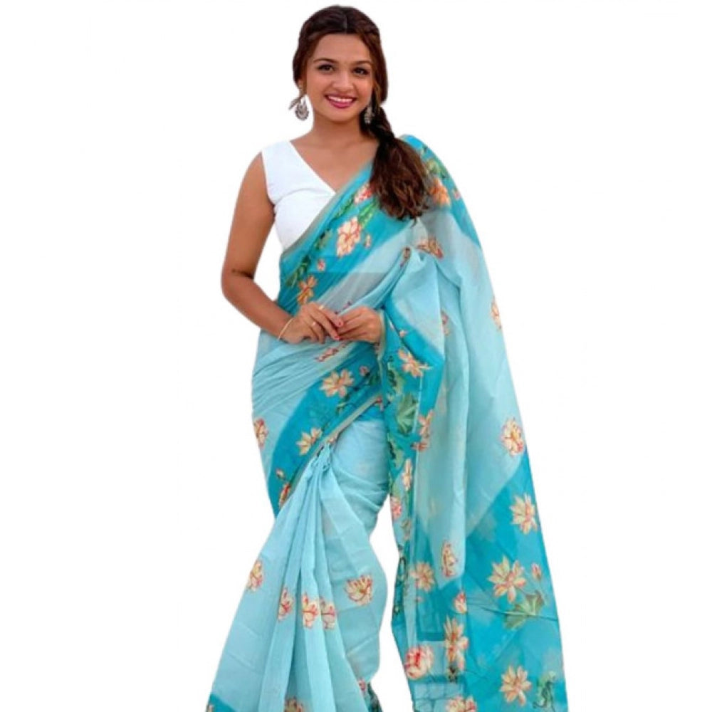 Women'S Linen Printed Saree With Unstitched Blouse 5.5Mtr (Aqu