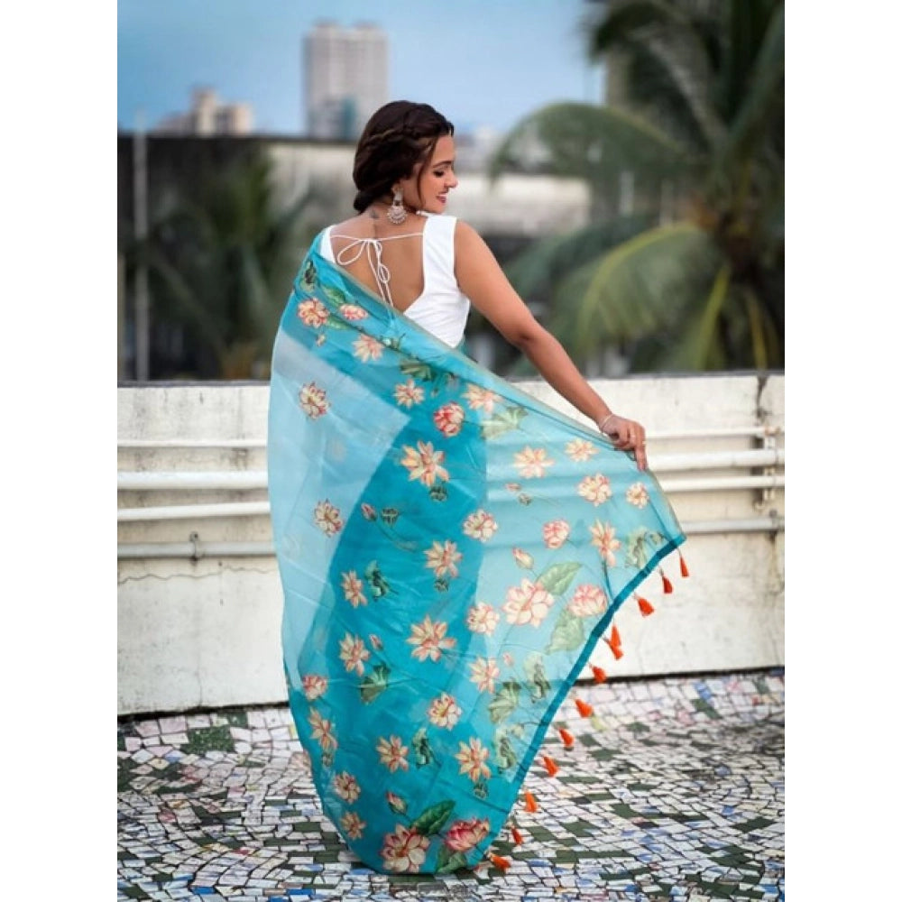 Women'S Linen Printed Saree With Unstitched Blouse 5.5Mtr (Aqu