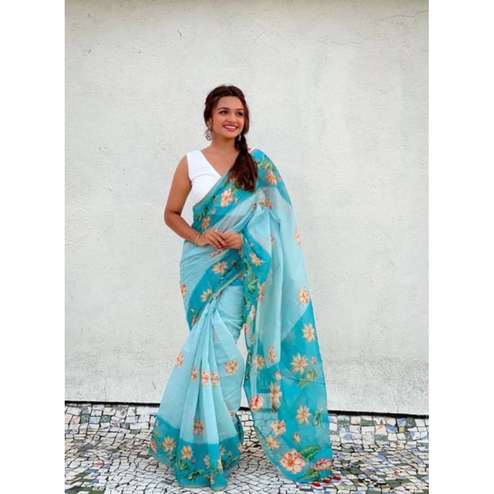 Women'S Linen Printed Saree With Unstitched Blouse 5.5Mtr (Aqu