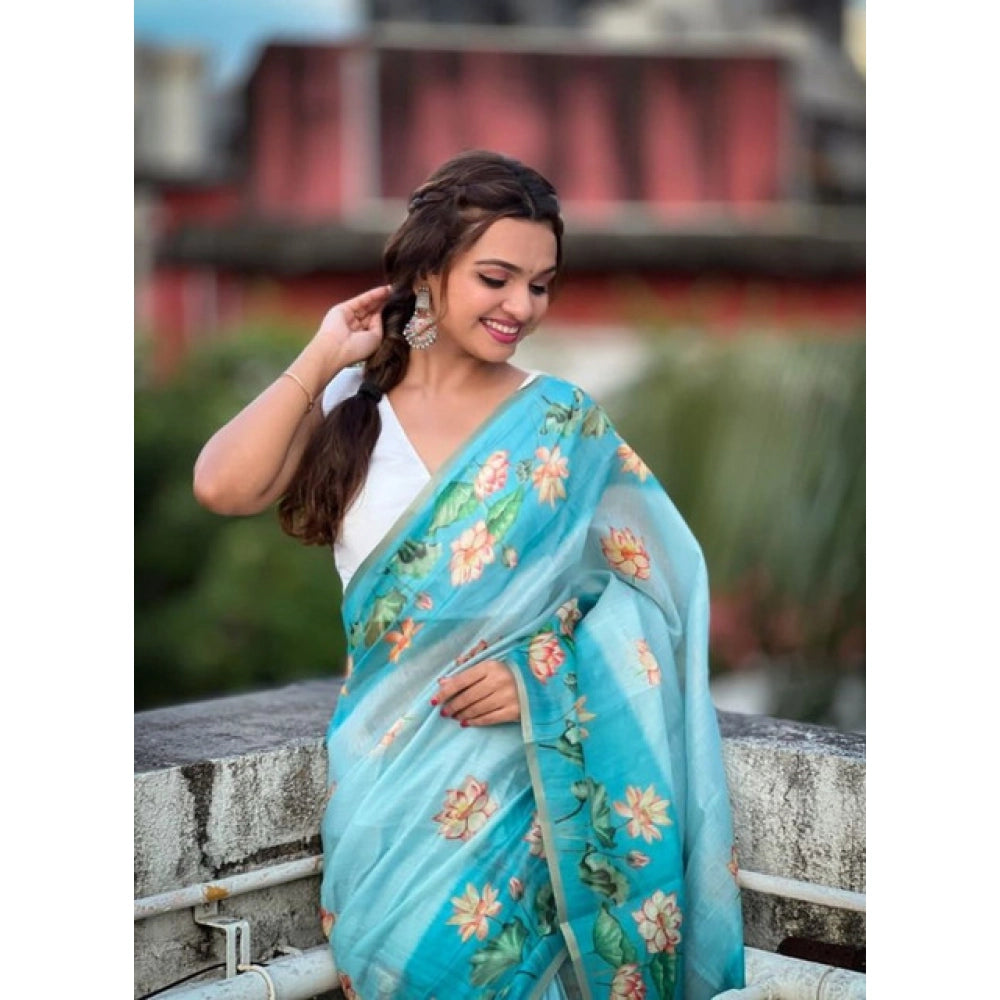 Women'S Linen Printed Saree With Unstitched Blouse 5.5Mtr (Aqu