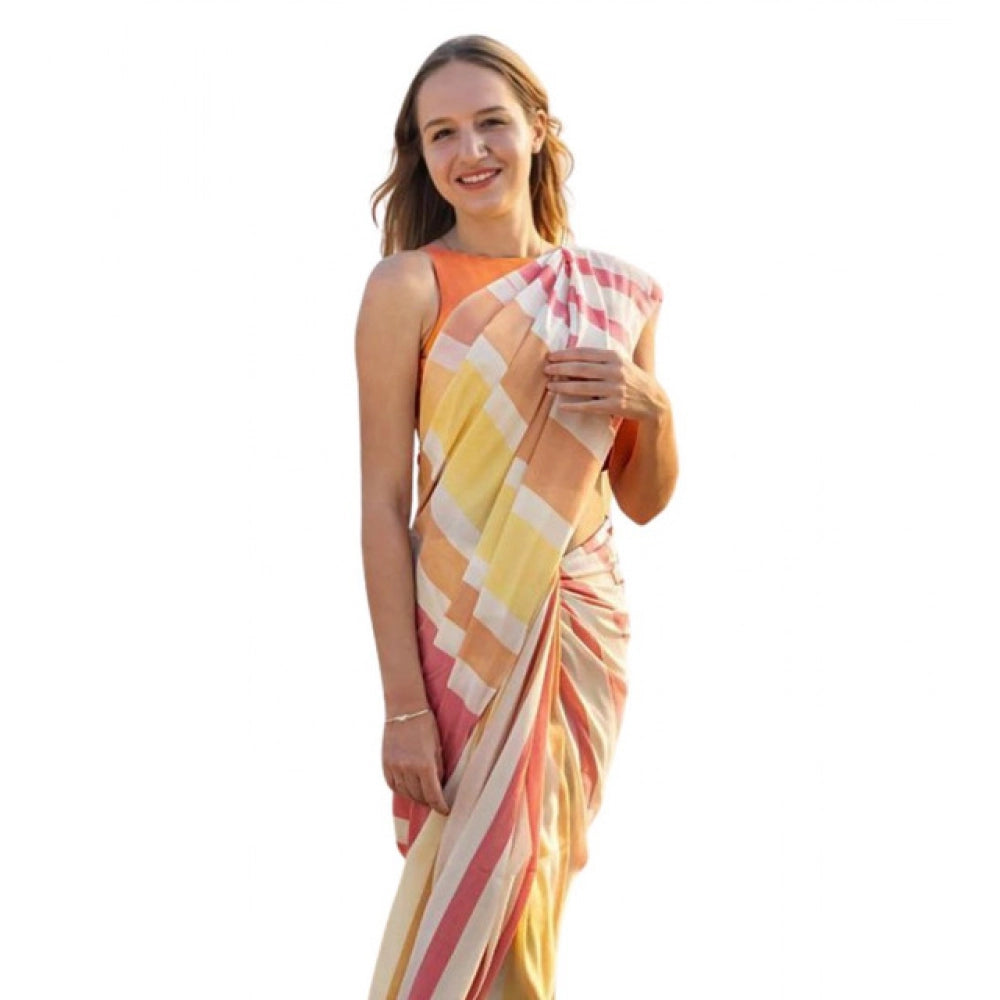 Women's Linen Printed Saree With Unstitched Blouse 5.5Mtr (Yellow) - VANSHELLE