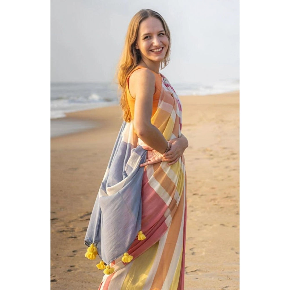Women's Linen Printed Saree With Unstitched Blouse 5.5Mtr (Yellow) - VANSHELLE