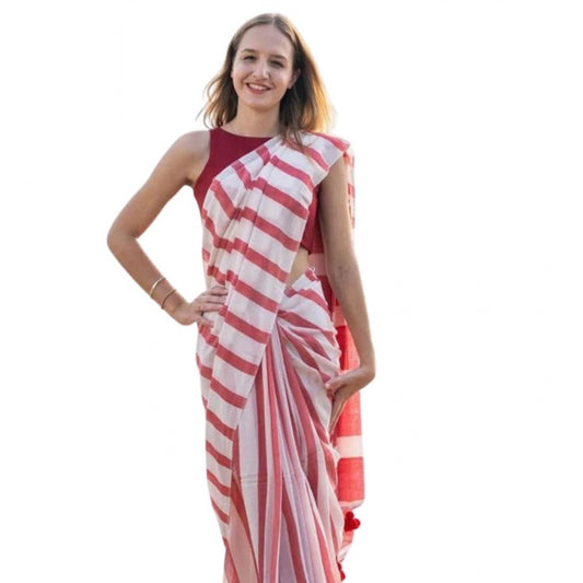 Women's Linen Printed Saree With Unstitched Blouse 5.5Mtr (Red) - VANSHELLE