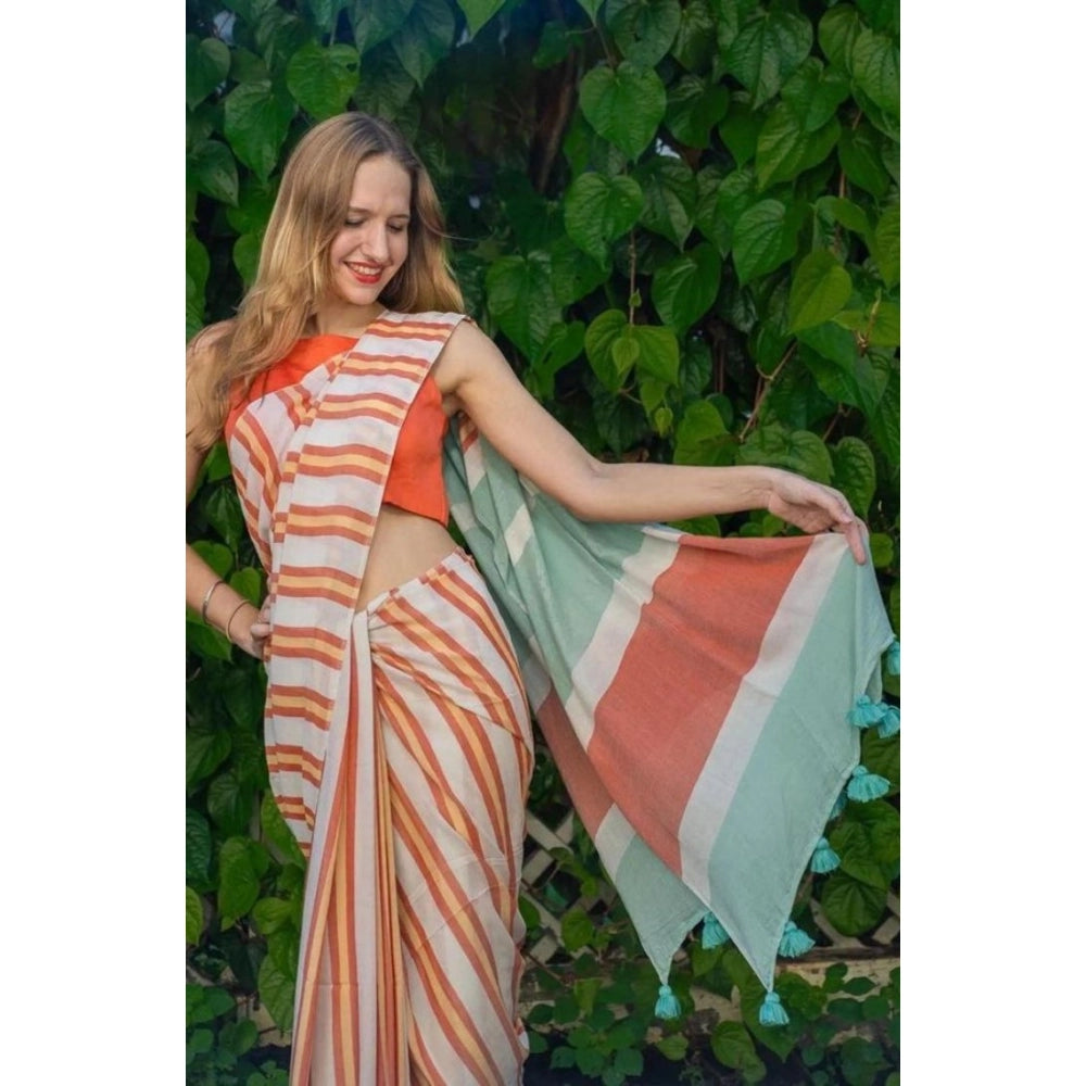Women's Linen Printed Saree With Unstitched Blouse 5.5Mtr (Orange) - VANSHELLE