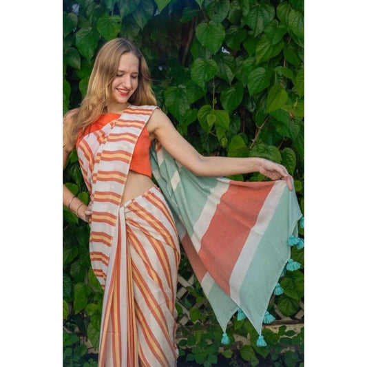 Women's Linen Printed Saree With Unstitched Blouse 5.5Mtr (Orange) - VANSHELLE