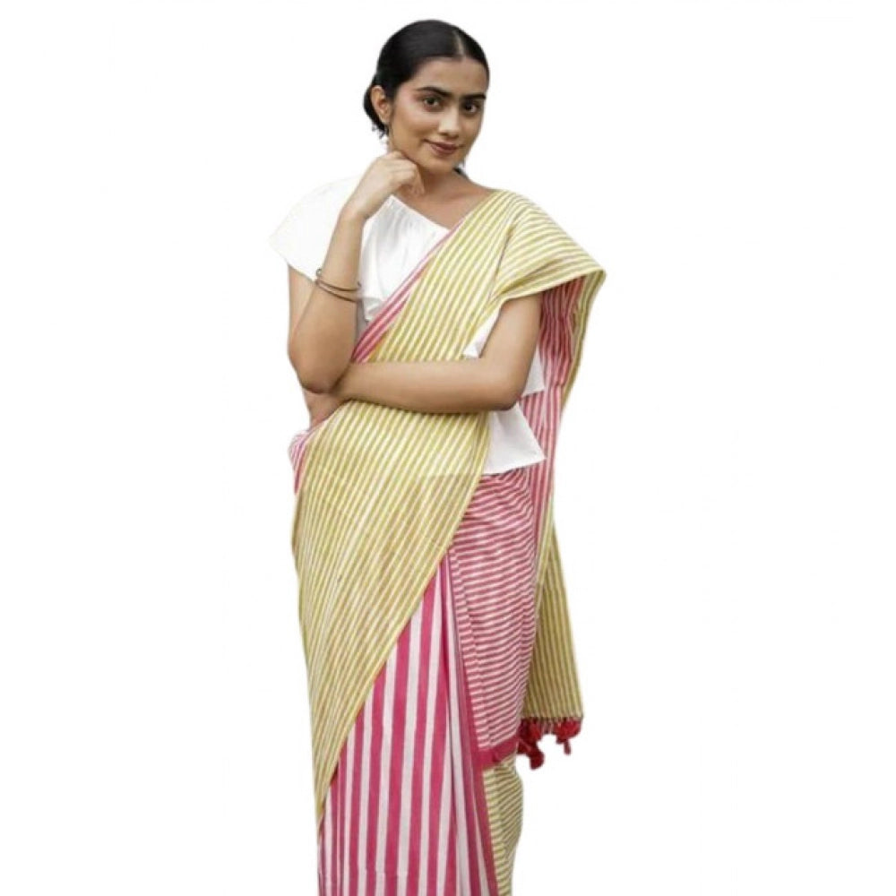 Women's Linen Printed Saree With Unstitched Blouse 5.5Mtr (Yellow) - VANSHELLE