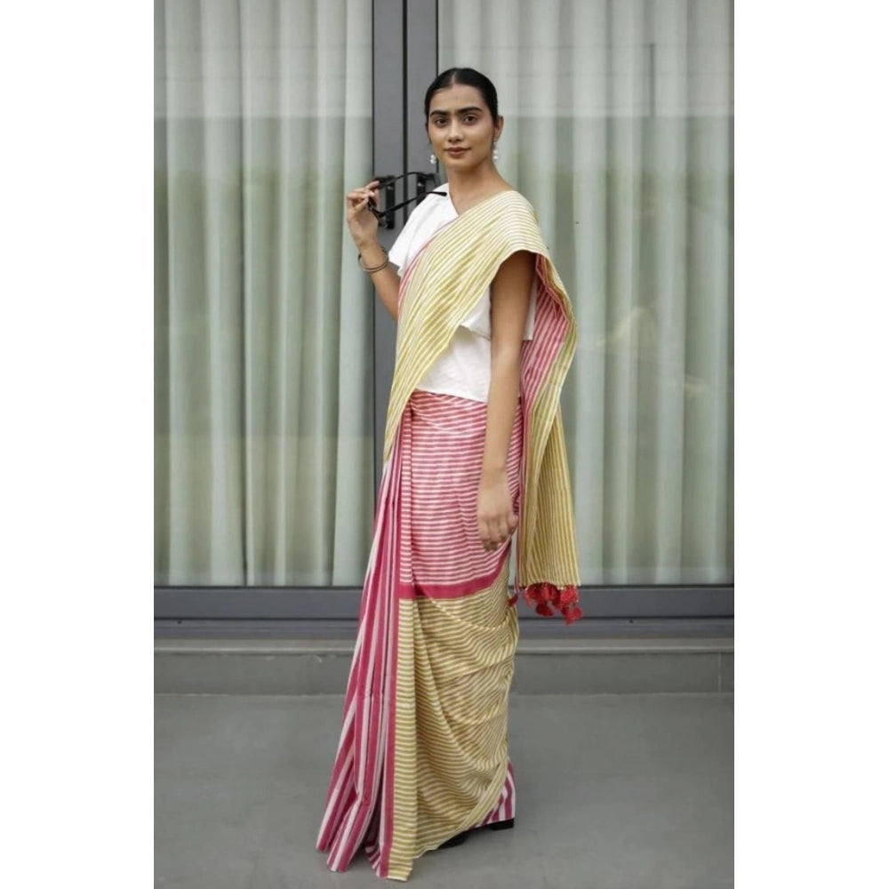 Women's Linen Printed Saree With Unstitched Blouse 5.5Mtr (Yellow) - VANSHELLE