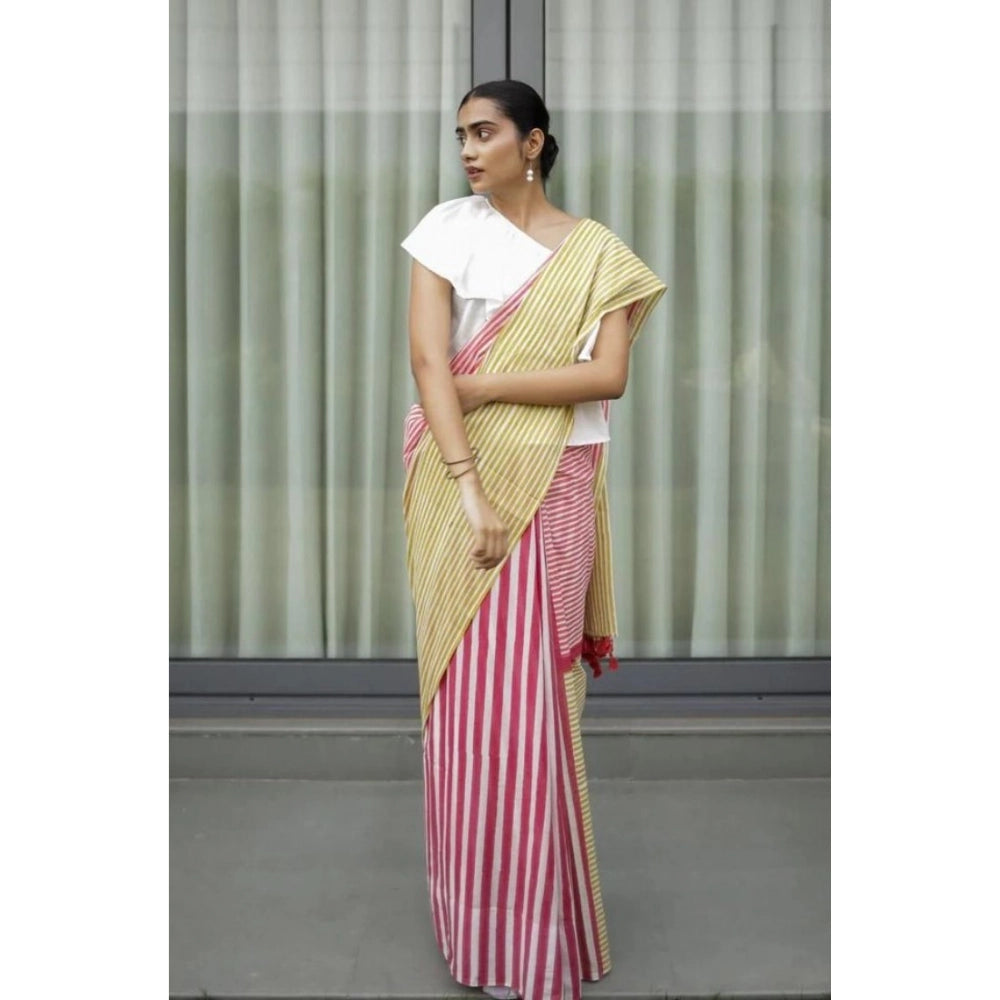 Women's Linen Printed Saree With Unstitched Blouse 5.5Mtr (Yellow) - VANSHELLE