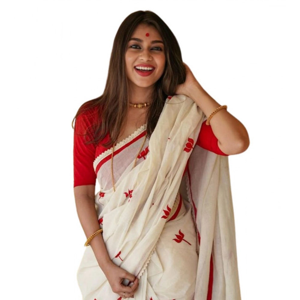 Women's Linen Printed Saree With Unstitched Blouse 5.5Mtr (White) - VANSHELLE