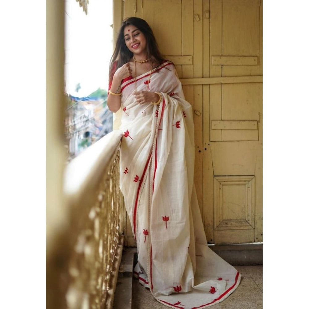 Women's Linen Printed Saree With Unstitched Blouse 5.5Mtr (White) - VANSHELLE