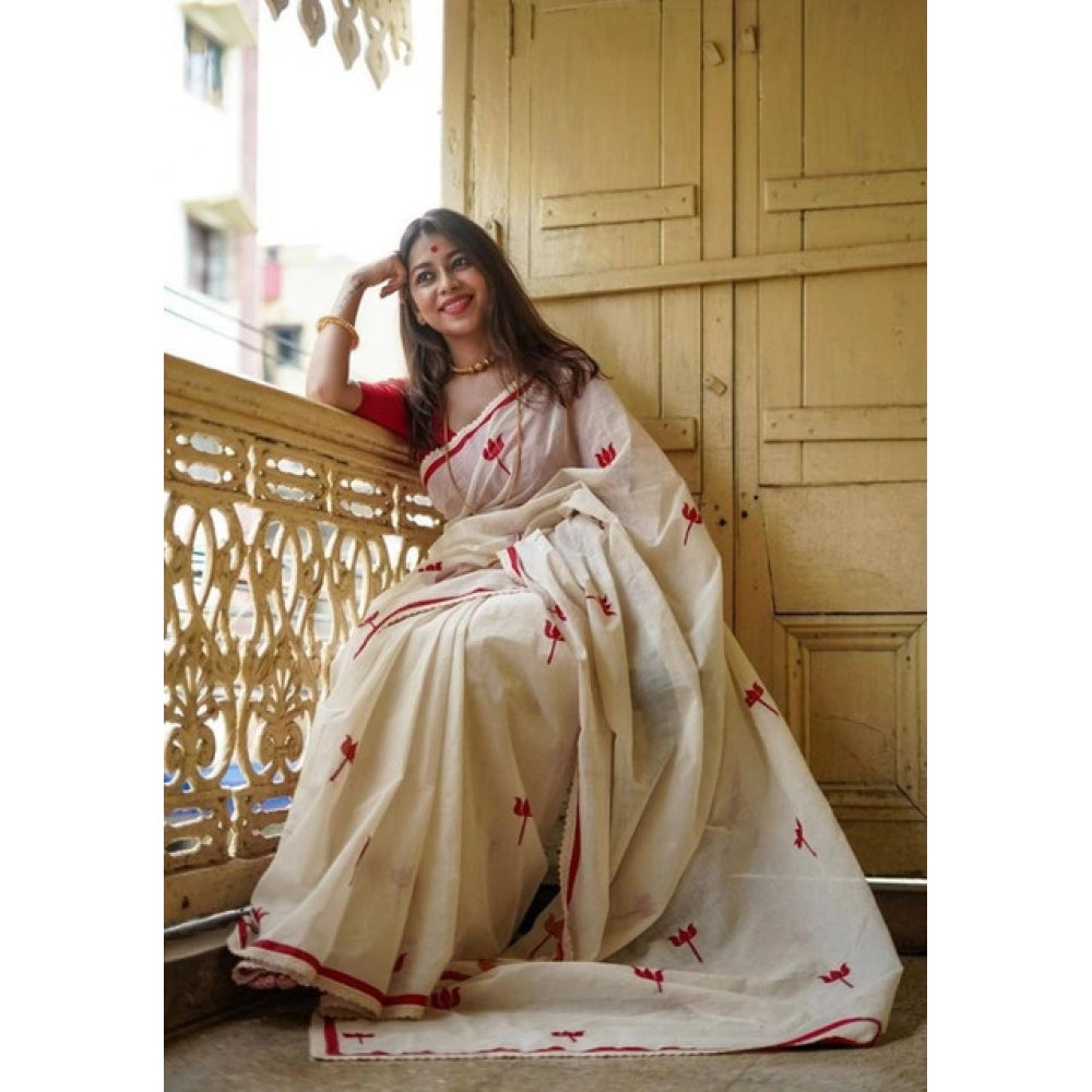 Women's Linen Printed Saree With Unstitched Blouse 5.5Mtr (White) - VANSHELLE