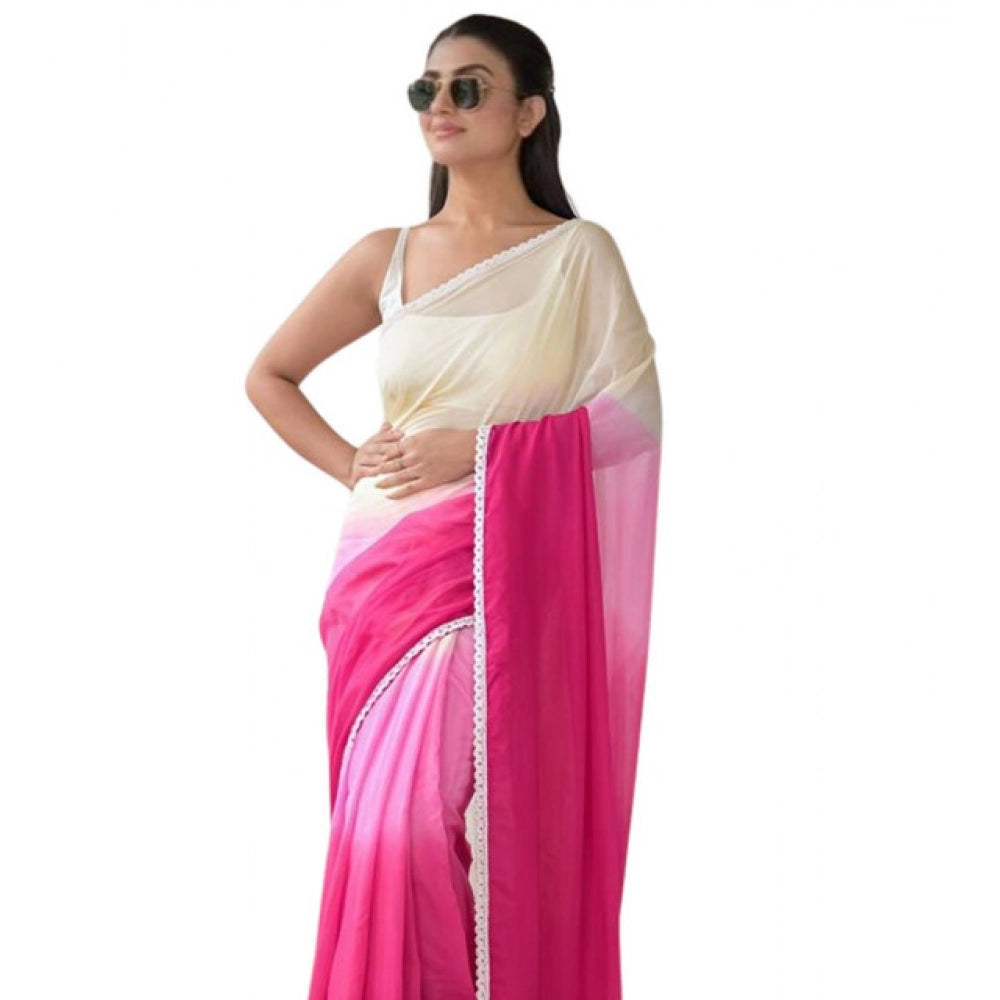 Women's Linen Printed Saree With Unstitched Blouse 5.5Mtr (Pink) - VANSHELLE