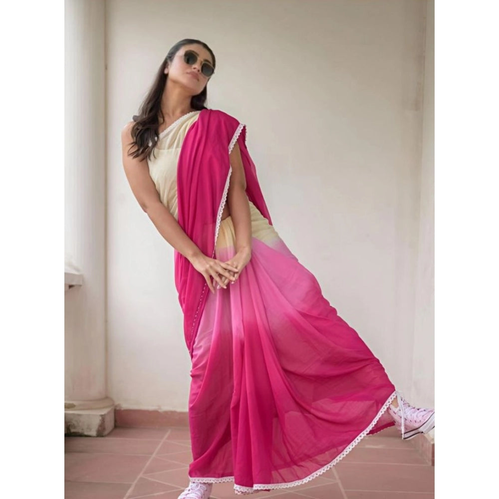 Women's Linen Printed Saree With Unstitched Blouse 5.5Mtr (Pink) - VANSHELLE