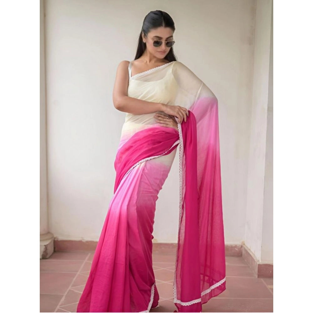 Women's Linen Printed Saree With Unstitched Blouse 5.5Mtr (Pink) - VANSHELLE