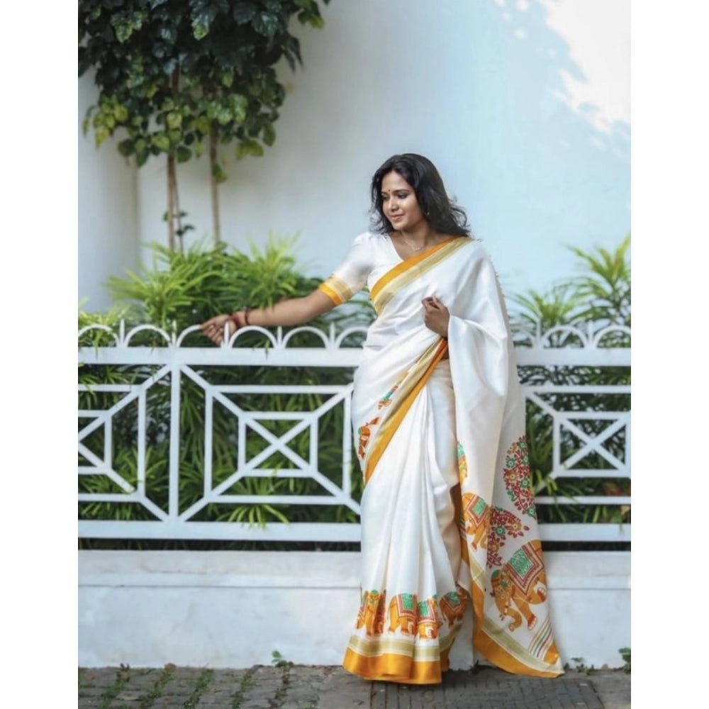 Women's Linen Printed Saree With Unstitched Blouse 5.5Mtr (White) - VANSHELLE