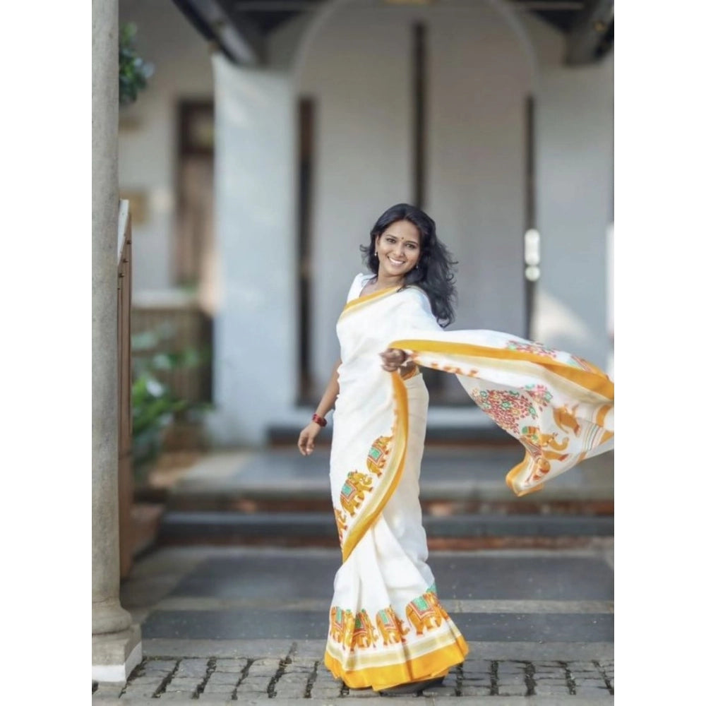 Women's Linen Printed Saree With Unstitched Blouse 5.5Mtr (White) - VANSHELLE