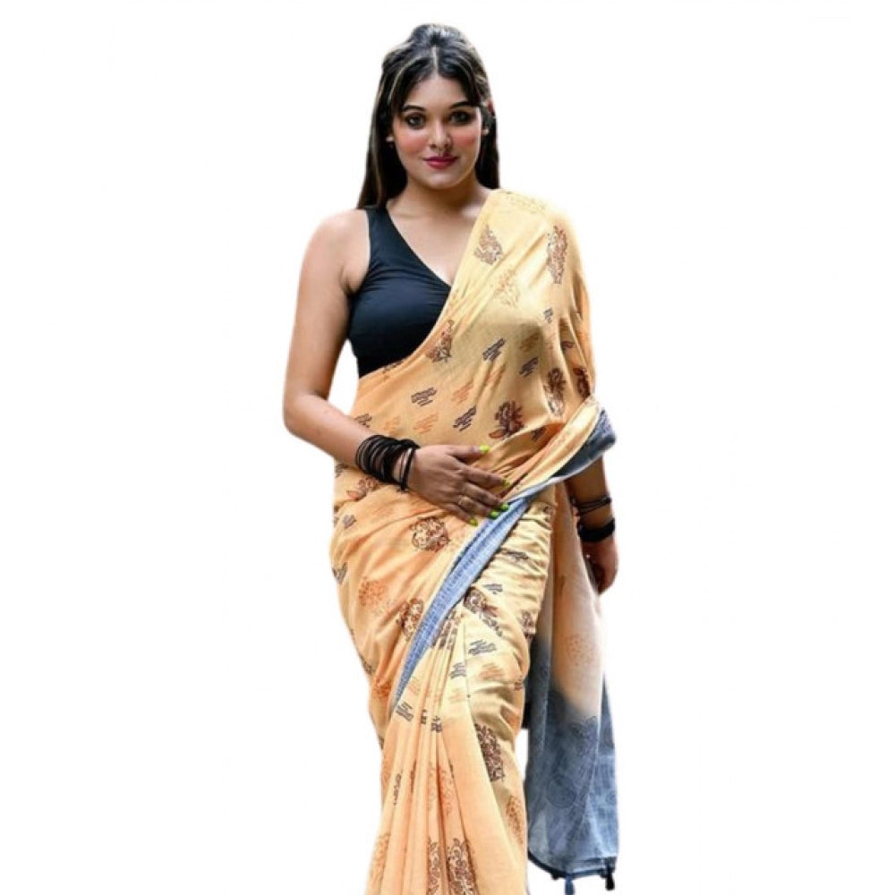 Women'S Linen Printed Saree With Unstitched Blouse 5.5Mtr (Pea