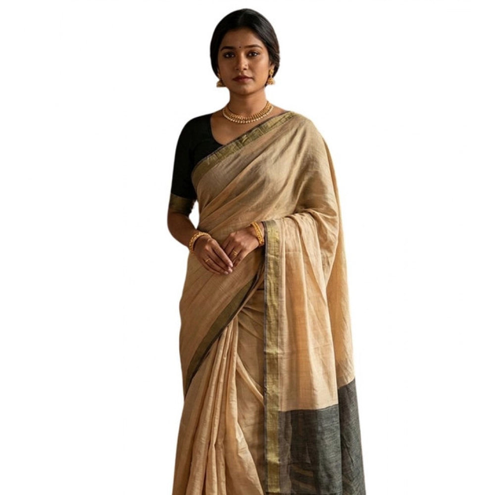 Women's Cotton Printed Saree With Unstitched Blouse 5.5Mtr (Beige) - VANSHELLE