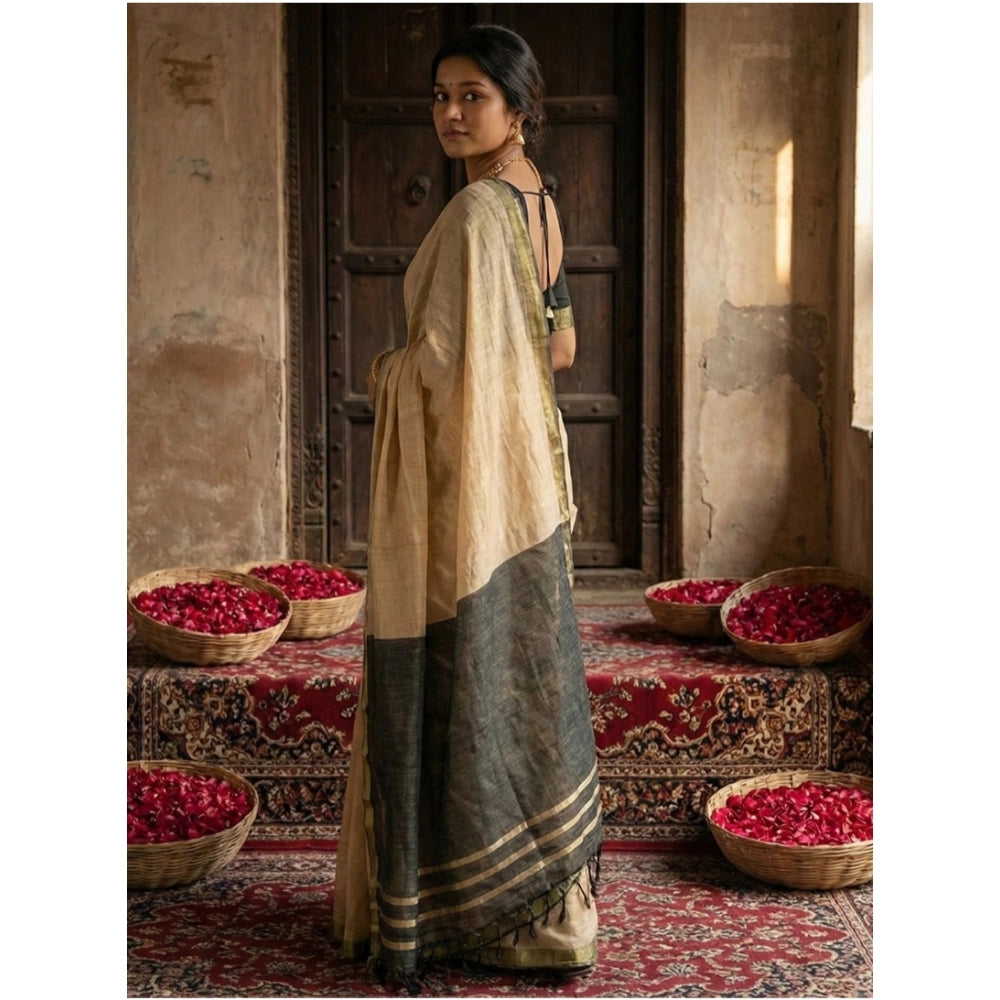 Women's Cotton Printed Saree With Unstitched Blouse 5.5Mtr (Beige) - VANSHELLE