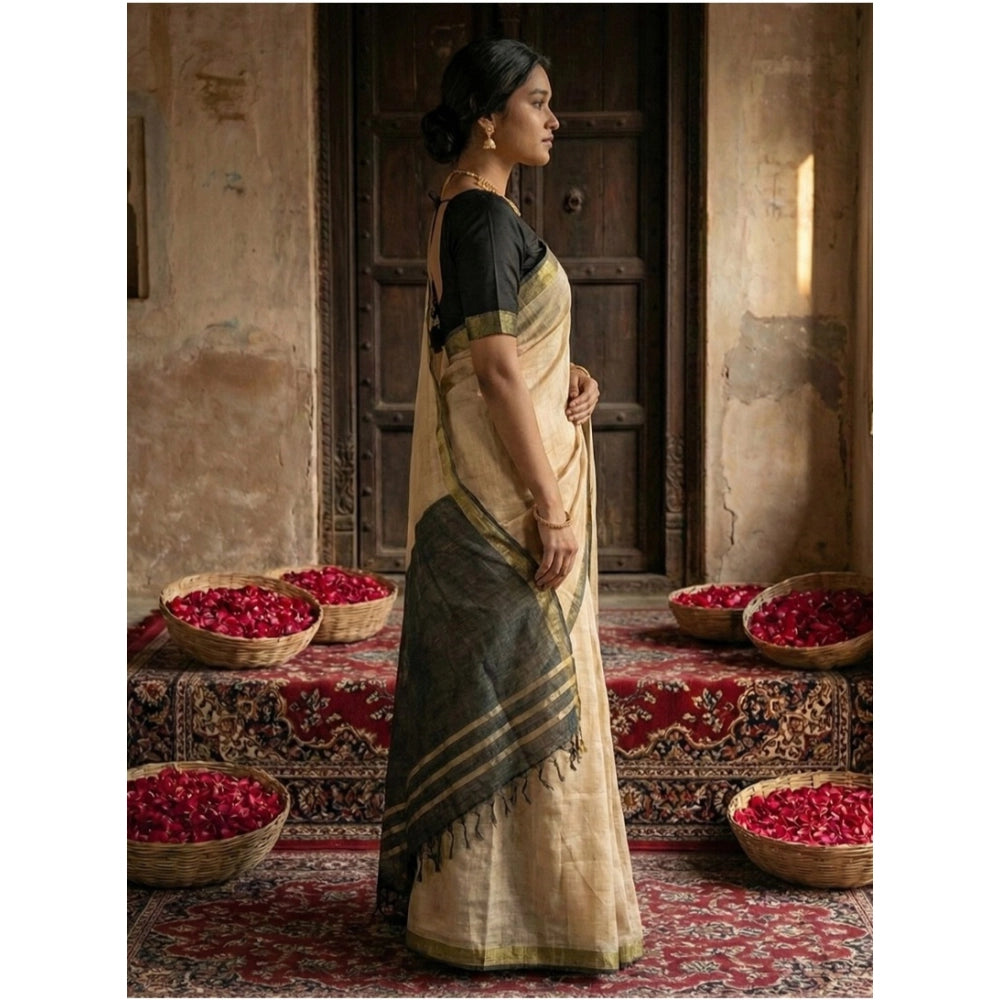 Women's Cotton Printed Saree With Unstitched Blouse 5.5Mtr (Beige) - VANSHELLE