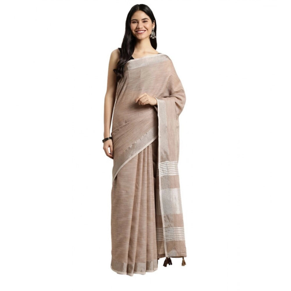 Women's Linen Cotton Printed Saree With Unstitched Blouse 5.5Mtr (Beige) - VANSHELLE