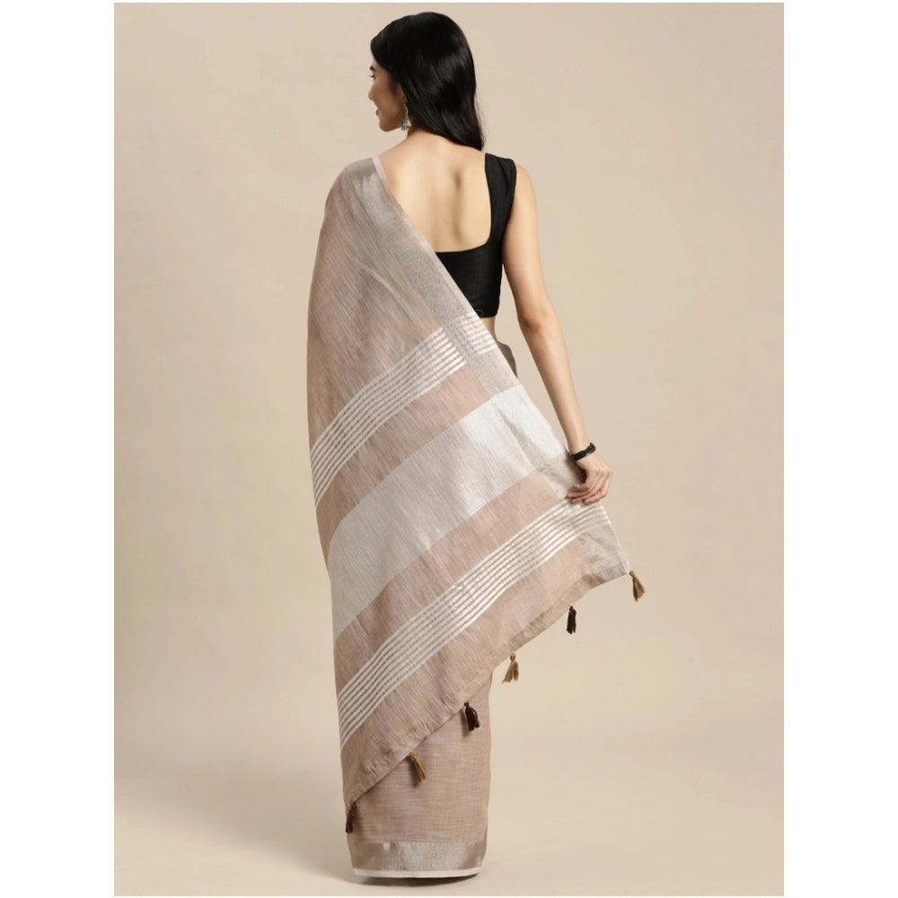 Women's Linen Cotton Printed Saree With Unstitched Blouse 5.5Mtr (Beige) - VANSHELLE