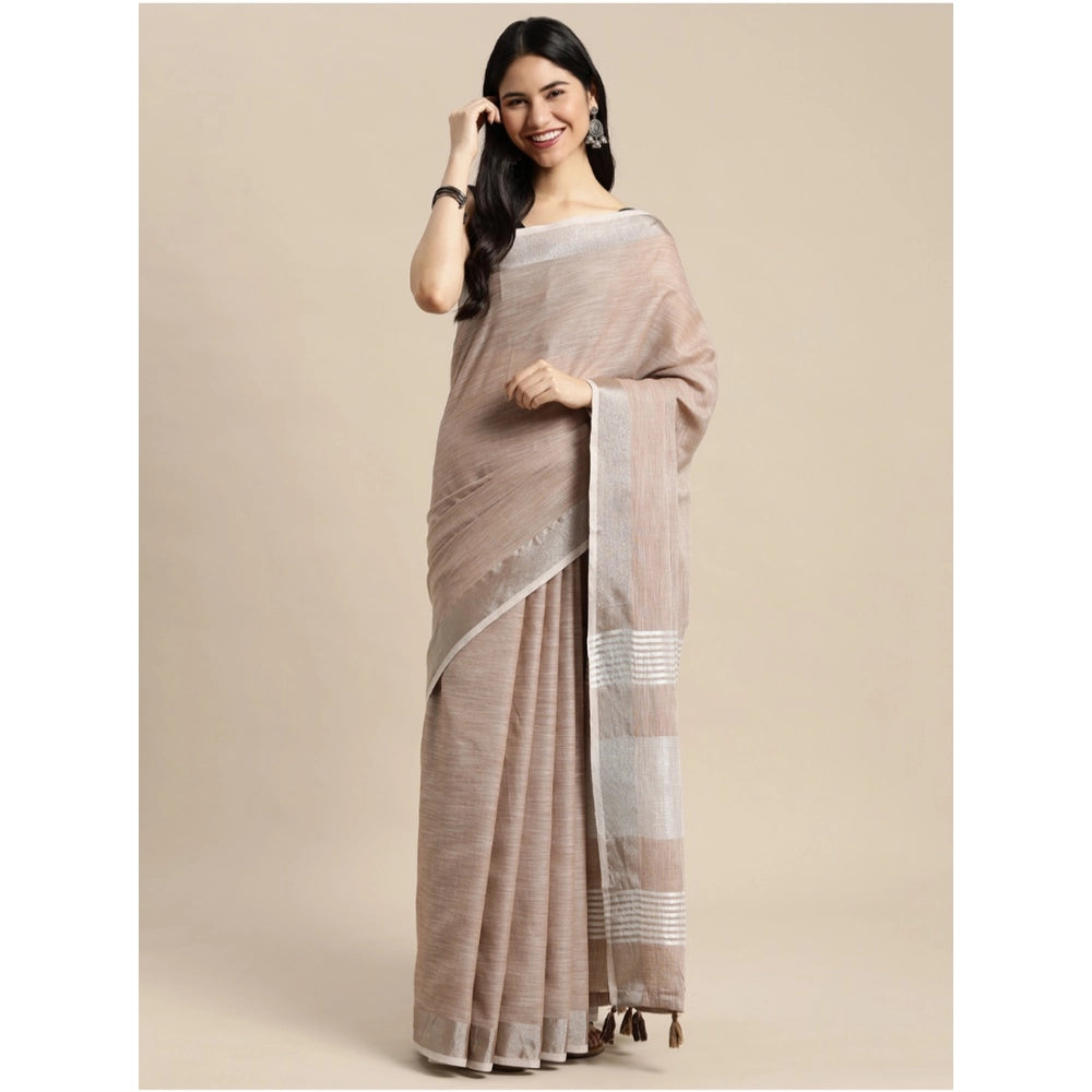 Women's Linen Cotton Printed Saree With Unstitched Blouse 5.5Mtr (Beige) - VANSHELLE