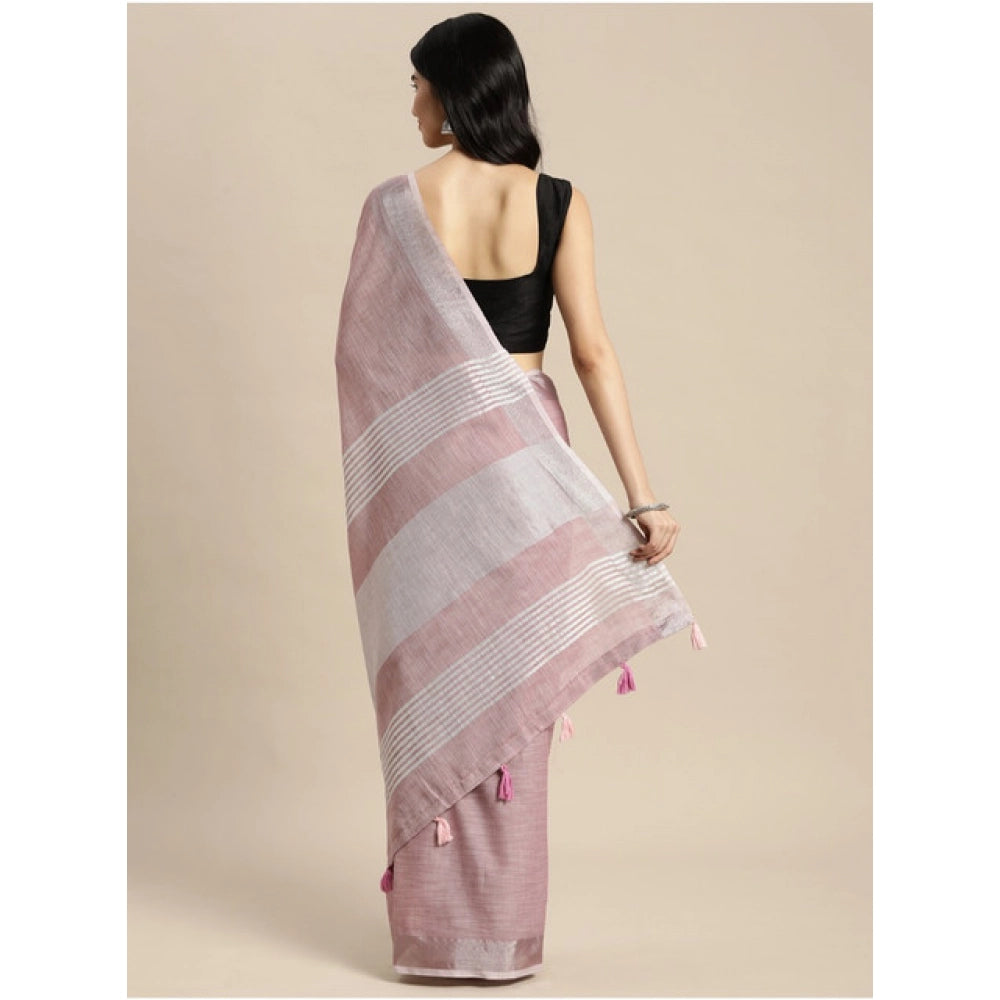Women's Linen Cotton Printed Saree With Unstitched Blouse 5.5Mtr (Purple) - VANSHELLE