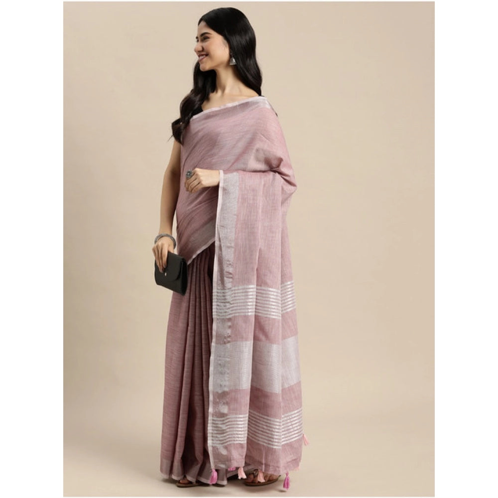 Women's Linen Cotton Printed Saree With Unstitched Blouse 5.5Mtr (Purple) - VANSHELLE