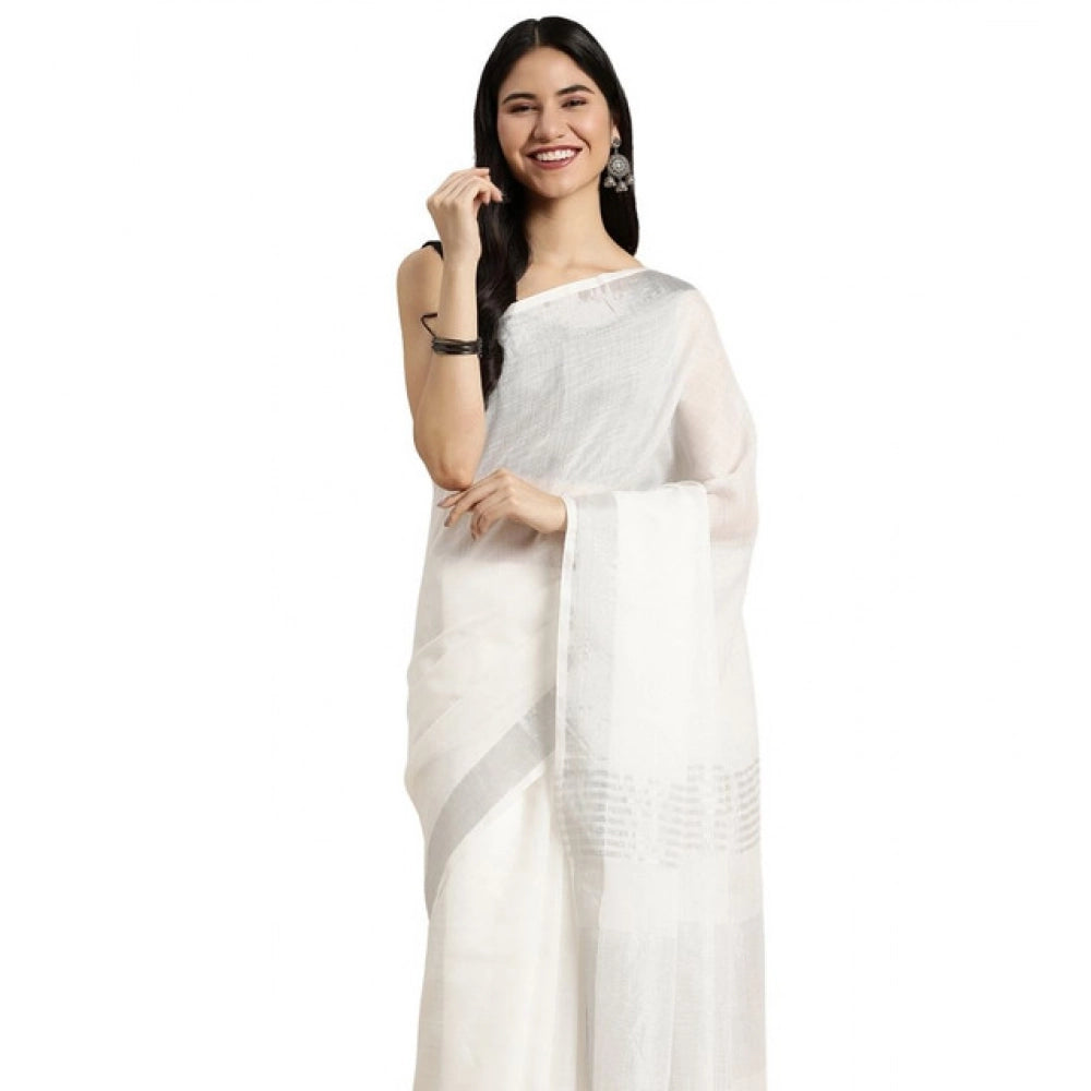 Women's Linen Cotton Printed Saree With Unstitched Blouse 5.5Mtr (White) - VANSHELLE