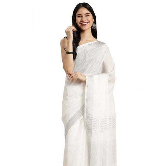 Women's Linen Cotton Printed Saree With Unstitched Blouse 5.5Mtr (White) - VANSHELLE