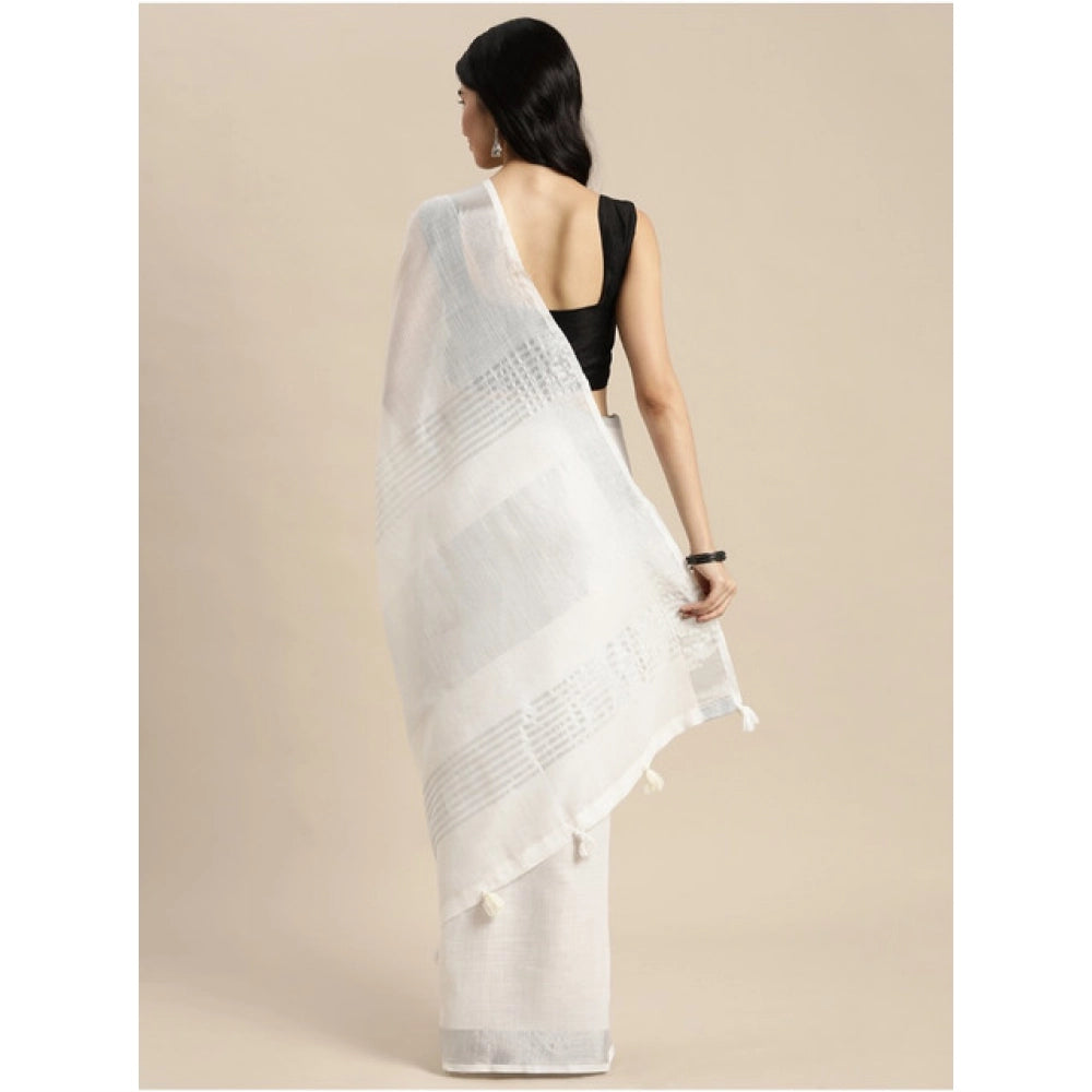 Women's Linen Cotton Printed Saree With Unstitched Blouse 5.5Mtr (White) - VANSHELLE