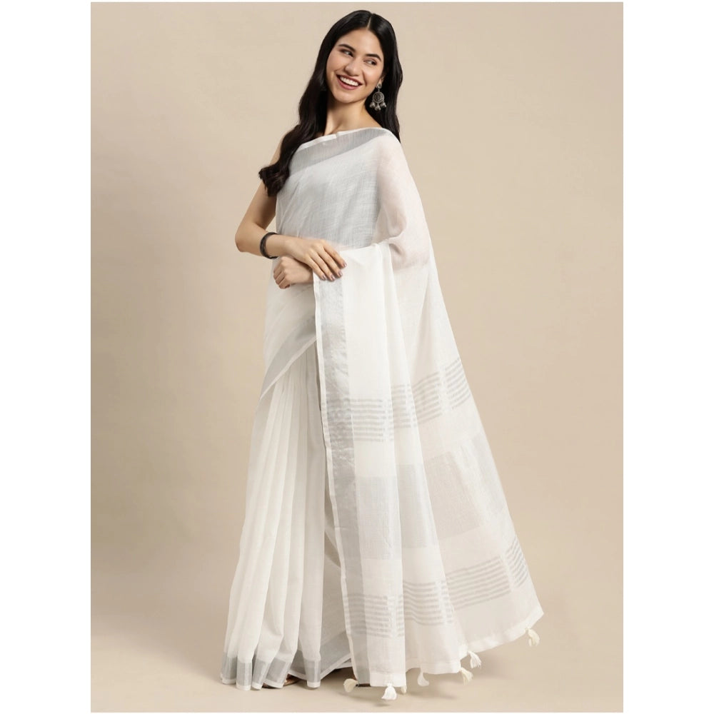 Women's Linen Cotton Printed Saree With Unstitched Blouse 5.5Mtr (White) - VANSHELLE