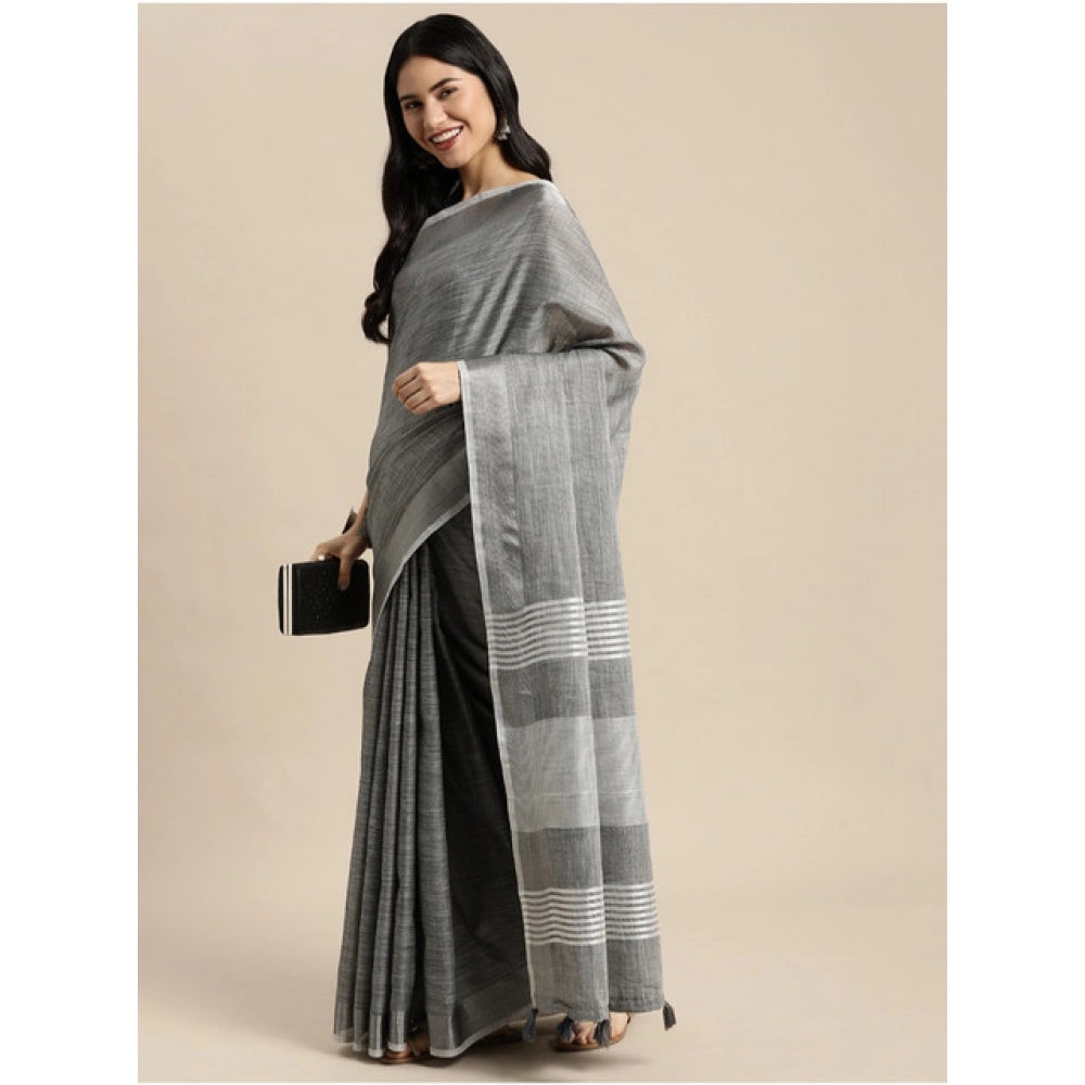 Women'S Linen Cotton Printed Saree With Unstitched Blouse 5.5M