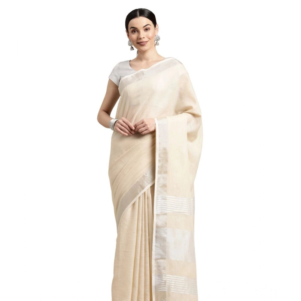 Women's Linen Cotton Printed Saree With Unstitched Blouse 5.5Mtr (Cream) - VANSHELLE