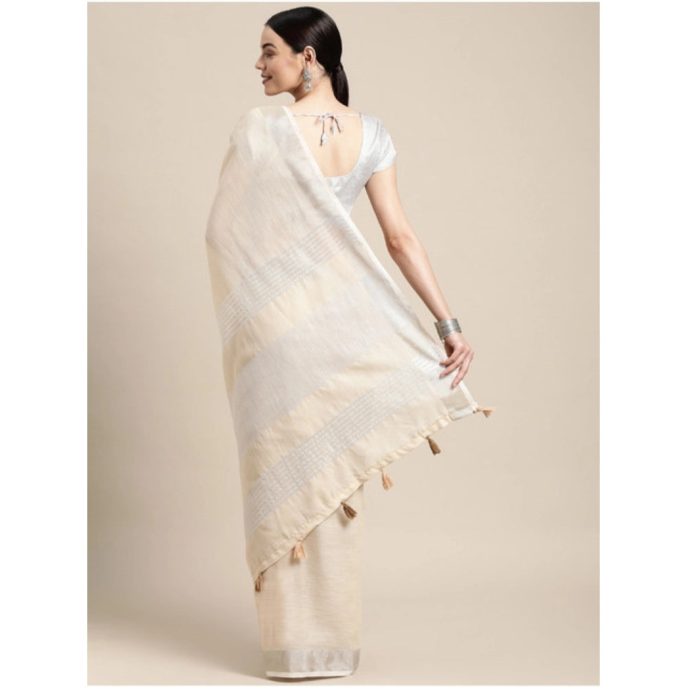 Women's Linen Cotton Printed Saree With Unstitched Blouse 5.5Mtr (Cream) - VANSHELLE