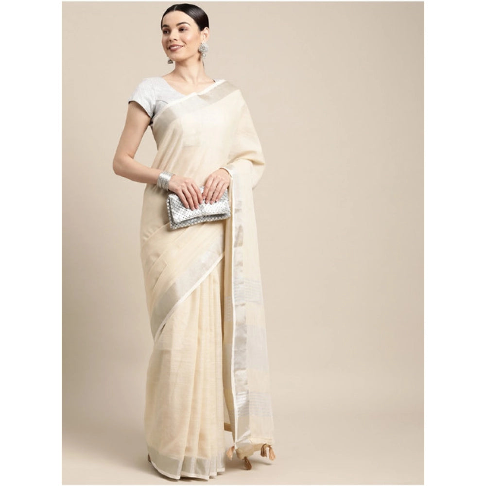 Women's Linen Cotton Printed Saree With Unstitched Blouse 5.5Mtr (Cream) - VANSHELLE