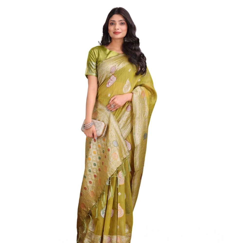 Women'S Linen Cotton Printed Saree With Unstitched Blouse 5.5M