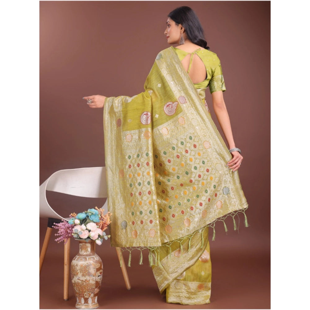 Women'S Linen Cotton Printed Saree With Unstitched Blouse 5.5M
