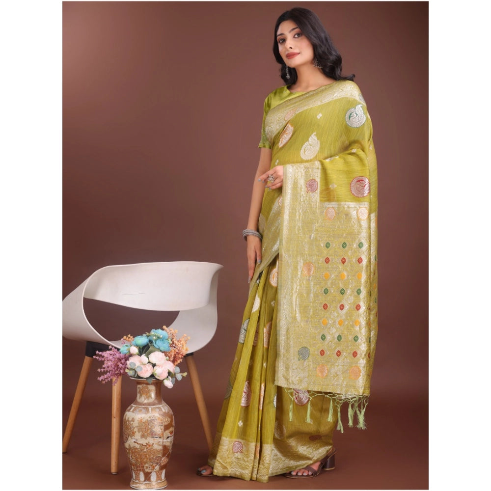 Women'S Linen Cotton Printed Saree With Unstitched Blouse 5.5M