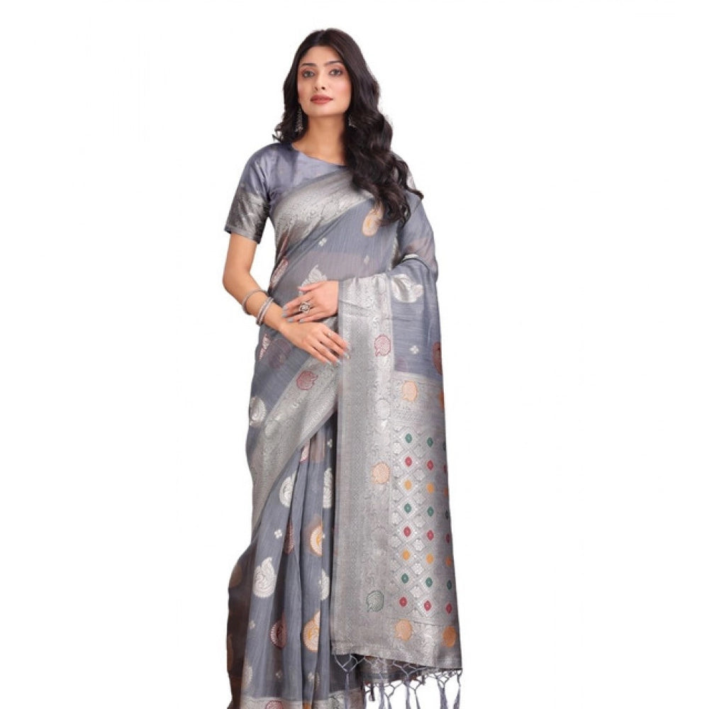 Women's Linen Cotton Printed Saree With Unstitched Blouse 5.5Mtr (Grey) - VANSHELLE