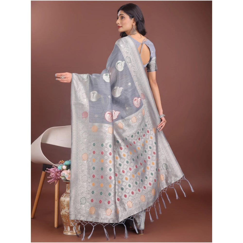 Women's Linen Cotton Printed Saree With Unstitched Blouse 5.5Mtr (Grey) - VANSHELLE
