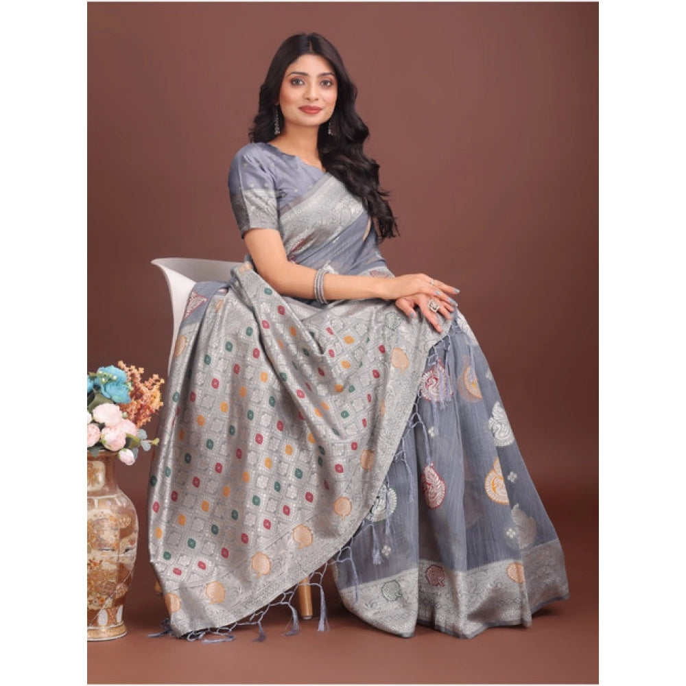 Women's Linen Cotton Printed Saree With Unstitched Blouse 5.5Mtr (Grey) - VANSHELLE