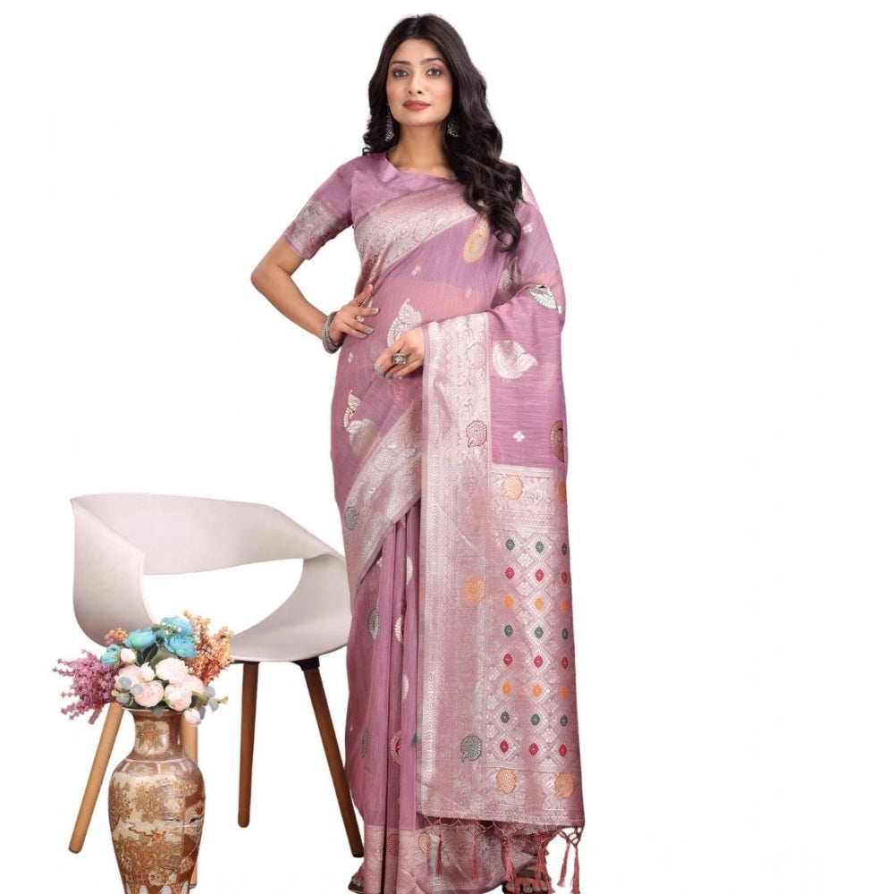 Women's Linen Cotton Printed Saree With Unstitched Blouse 5.5Mtr (Purple) - VANSHELLE