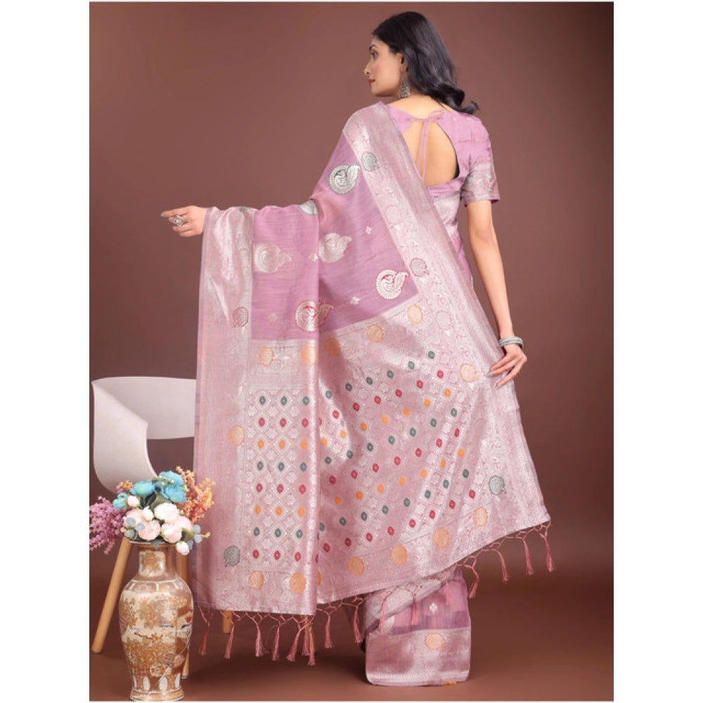 Women's Linen Cotton Printed Saree With Unstitched Blouse 5.5Mtr (Purple) - VANSHELLE