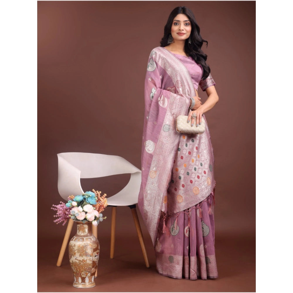 Women's Linen Cotton Printed Saree With Unstitched Blouse 5.5Mtr (Purple) - VANSHELLE