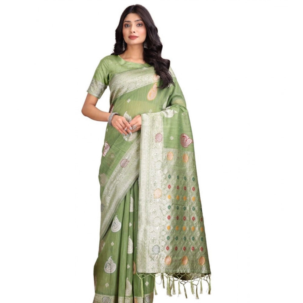 Women'S Linen Cotton Printed Saree With Unstitched Blouse 5.5M
